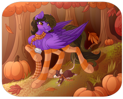 Size: 4994x4026 | Tagged: safe, artist:amazing-artsong, derpibooru import, oc, oc only, oc:hannah rainboom, mouse, pegasus, pony, absurd resolution, clothes, female, forest, leaves, mare, pumpkin, scarf, socks, solo, stockings, striped scarf, striped socks, thigh highs, tree
