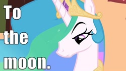 Size: 500x281 | Tagged: safe, derpibooru import, princess celestia, caption, celestia is not amused, image macro, text, to the moon, unamused