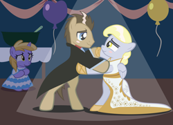 Size: 1280x928 | Tagged: safe, artist:magerblutooth, derpibooru import, derpy hooves, dinky hooves, doctor whooves, balloon, bipedal, blushing, bowtie, clothes, cute, dancing, derpabetes, doctorderpy, dress, fanfic art, female, frock coat, happy, if only, male, punch (drink), punch bowl, shipping, shirt, smiling, spotlight, straight, streamers, suit, wedding dress