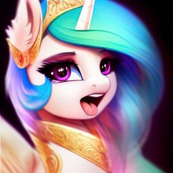 Size: 1024x1024 | Tagged: safe, artist:neurodrawmachine, derpibooru import, generator:stable diffusion, machine learning generated, princess celestia, alicorn, pony, bust, female, open mouth, solo, tongue, tongue out