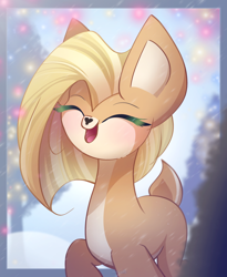 Size: 1800x2200 | Tagged: safe, artist:miryelis, derpibooru import, oc, oc only, deer, big ears, deer oc, ears, eyes closed, gift art, happy, non-pony oc, simple background, smiling, snow, solo