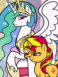 Size: 1620x2160 | Tagged: safe, artist:melspyrose, derpibooru import, princess celestia, sunset shimmer, alicorn, pony, unicorn, crown, duo, female, hoof shoes, jewelry, mare, regalia, smiling, smirk