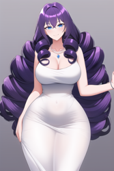 Size: 512x768 | Tagged: safe, artist:darthirian, derpibooru import, generator:novelai, generator:stable diffusion, machine learning generated, rarity, human, big breasts, breasts, cleavage, clothes, curvy, female, hourglass figure, humanized, jewelry, necklace, raritits, solo, thighs, thunder thighs, wide hips
