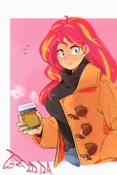 Size: 800x1200 | Tagged: safe, artist:sozglitch, derpibooru import, sunset shimmer, human, equestria girls, big breasts, breasts, clothes, coat, coffee cup, cup, female, huge breasts, passepartout, smiling, solo, sunset jiggler, sweater, turtleneck