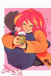 Size: 800x1200 | Tagged: safe, artist:sozglitch, derpibooru import, sunset shimmer, oc, oc:generic messy hair anime anon, human, equestria girls, canon x oc, clothes, coat, coffee cup, cup, duo, eyes closed, female, hug, male, open mouth, open smile, passepartout, shipping, smiling, straight