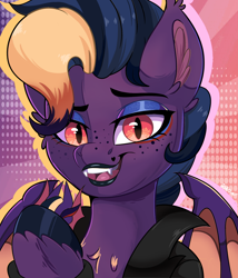 Size: 1700x1990 | Tagged: safe, artist:joaothejohn, derpibooru import, oc, oc only, oc:bea, bat pony, pony, bat pony oc, bust, challing card, clothes, commission, hooves, jacket, looking at you, portrait, simple background, smiling, solo, teeth, wings