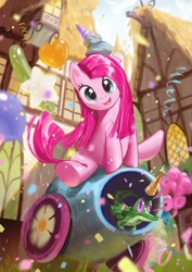 Size: 1000x1414 | Tagged: dead source, safe, artist:oboollu ob, derpibooru import, gummy, pinkie pie, alligator, earth pony, pony, balloon, confetti, cute, cuteamena, duo, female, happy, hat, looking at you, mare, open mouth, open smile, party cannon, party hat, pinkamena diane pie, ponyville, smiling, smiling at you