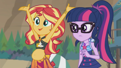 Size: 2048x1153 | Tagged: safe, derpibooru import, edit, edited screencap, screencap, sci-twi, sunset shimmer, twilight sparkle, human, equestria girls, beach, belly button, bikini, chubby, chubby shimmer, clothes, female, sarong, swimsuit