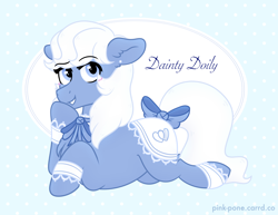 Size: 2200x1700 | Tagged: safe, artist:pink-pone, derpibooru import, oc, oc:dainty dolly, earth pony, pony, bow, female, hair bow, lying down, mare, prone, solo