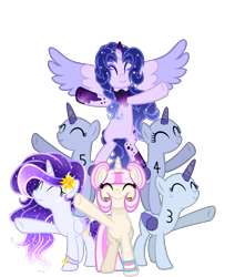 Size: 1156x1366 | Tagged: safe, artist:existencecosmos188, derpibooru import, oc, oc only, oc:existence, pony, collaboration, base used, ethereal mane, eyes closed, female, group, mare, simple background, smiling, spread wings, starry mane, transparent background, wings