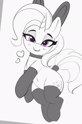 Size: 2101x3159 | Tagged: safe, artist:pabbley, derpibooru import, trixie, pony, unicorn, bedroom eyes, belly button, bunny ears, choker, clothes, heart, lidded eyes, looking at you, partial color, smiling, smiling at you, socks, solo, stockings, tail, tail wrap, thigh highs