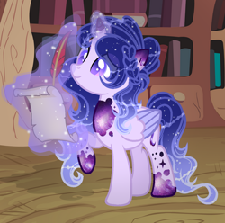 Size: 1024x1015 | Tagged: safe, artist:existencecosmos188, derpibooru import, oc, oc only, oc:existence, alicorn, pony, alicorn oc, base used, ethereal mane, female, glowing, glowing horn, horn, indoors, library, magic, mare, quill, raised hoof, raised leg, scroll, simple background, solo, starry mane, telekinesis, transparent background, wings