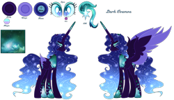 Size: 3014x1753 | Tagged: safe, artist:existencecosmos188, derpibooru import, oc, oc only, alicorn, pony, alicorn oc, colored wings, duo, ethereal mane, eyelashes, female, horn, mare, nightmarified, reference sheet, simple background, starry mane, transparent background, two toned wings, wings