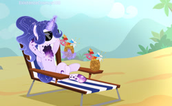 Size: 1024x630 | Tagged: safe, artist:existencecosmos188, derpibooru import, oc, oc only, oc:existence, alicorn, pony, alicorn oc, base used, beach chair, chair, drinking, female, glowing, glowing horn, horn, magic, mare, outdoors, relaxing, solo, sunglasses, telekinesis, wings