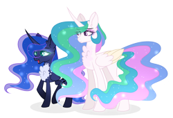 Size: 1024x695 | Tagged: safe, artist:existencecosmos188, derpibooru import, princess celestia, princess luna, alicorn, pony, base used, chest fluff, duo, ethereal mane, female, mare, simple background, starry mane, transparent background