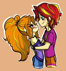 Size: 1384x1496 | Tagged: safe, artist:daazzlin, derpibooru import, adagio dazzle, sunset glare, sunset shimmer, human, equestria girls, adagiglare, blushing, cropped, duo, equestria guys, female, half r63 shipping, male, rule 63, shipping, simple background, smiling, straight, sunsagio