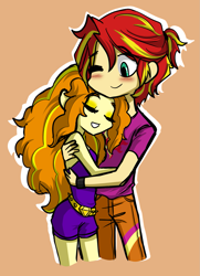 Size: 1073x1482 | Tagged: safe, artist:daazzlin, derpibooru import, adagio dazzle, sunset glare, sunset shimmer, human, equestria girls, adagiglare, blushing, cropped, duo, equestria guys, female, half r63 shipping, male, rule 63, shipping, simple background, smiling, straight, sunsagio