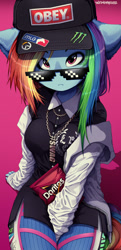 Size: 1280x2655 | Tagged: safe, artist:tweenstrip, derpibooru import, rainbow dash, anthro, pegasus, chips, clothes, d.va, doritos, female, food, mlg, monster energy, obey, overwatch, shirt, solo, sunglasses, swag, swag glasses, sweater