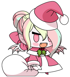 Size: 1198x1319 | Tagged: safe, artist:pearlyiridescence, derpibooru import, oc, oc only, oc:pearly iridescence, human, bat wings, chibi, christmas, clothes, costume, fangs, fate/stay night, female, hat, holiday, holly, humanized, humanized oc, padoru, parody, santa costume, santa hat, simple background, solo, transparent background, wings