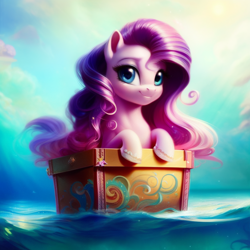 Size: 1024x1024 | Tagged: safe, derpibooru import, editor:zealousmagician, generator:purplesmart.ai, generator:stable diffusion, machine learning generated, oc, oc only, earth pony, pony, blue eyes, box, cloud, female, looking at you, mare, ocean, pink hair, sky, smiling, smiling at you, solo, water