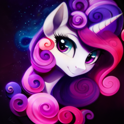 Size: 1024x1024 | Tagged: safe, derpibooru import, generator:purplesmart.ai, generator:stable diffusion, machine learning generated, sweetie belle, pony, unicorn, bust, curly hair, curly mane, female, horn, looking sideways, mare, portrait, smiling, wrong eye color