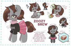 Size: 2000x1283 | Tagged: safe, artist:typhwosion, derpibooru import, oc, oc only, oc:zoozy brew, unicorn, clothes, reference sheet, solo