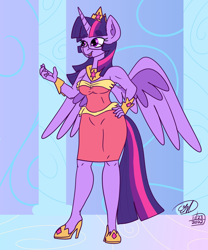 Size: 1500x1800 | Tagged: safe, artist:erynerikard, derpibooru import, twilight sparkle, twilight sparkle (alicorn), alicorn, anthro, breasts, cleavage, clothes, dress, female, glasses, hand on hip, heart, heart eyes, high heels, jewelry, mare, open mouth, open smile, regalia, shoes, smiling, solo, spread wings, wingding eyes, wings