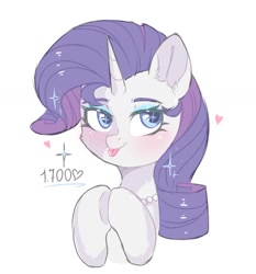 Size: 1091x1173 | Tagged: safe, artist:freyamilk, derpibooru import, rarity, pony, unicorn, :p, blushing, bust, female, heart, hooves together, looking away, mare, simple background, solo, tongue, tongue out, white background