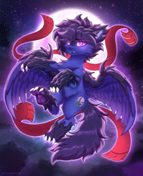 Size: 4582x5610 | Tagged: safe, artist:ask-colorsound, derpibooru import, oc, oc only, oc:fenris ebonyglow, original species, pegasus, timber pony, timber wolf, clothes, fangs, full moon, moon, moonlight, night, paws, scarf, solo, spread wings, underpaw, wings