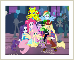 Size: 998x801 | Tagged: safe, artist:ajosterio, derpibooru import, edit, edited screencap, screencap, applejack, fluttershy, pinkie pie, rainbow dash, rarity, spike, twilight sparkle, oc, dog, equestria girls, equestria girls (movie), boots, clothes, cowboy boots, cowboy hat, dress, fall formal outfits, hat, high heel boots, humane five, humane six, ponied up, shoes, spike the dog, wings