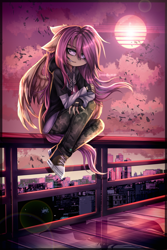 Size: 1725x2586 | Tagged: safe, artist:tweenstrip, derpibooru import, fluttershy, anthro, pegasus, clothes, converse, fingerless gloves, gloves, hoodie, railing, shoes, skyline, solo