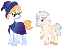 Size: 2600x1937 | Tagged: safe, artist:lambydwight, derpibooru import, oc, oc only, oc:aurelion, oc:vanilla spike, pegasus, pony, unicorn, cape, clothes, duo, glasses, simple background, transparent background, vector