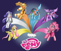 Size: 486x400 | Tagged: safe, artist:foobelle, derpibooru import, applejack, fluttershy, pinkie pie, rainbow dash, rarity, twilight sparkle, twilight sparkle (alicorn), alicorn, alicornified, applecorn, blushing, clothes, fluttercorn, flying, jetpack, leotard, mane six, mane six alicorns, pinkiecorn, race swap, rainbowcorn, raricorn, unicornified, xk-class end-of-the-world scenario