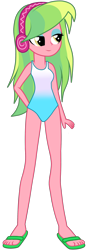 Size: 946x2673 | Tagged: safe, artist:ajosterio, derpibooru import, lemon zest, equestria girls, bare shoulders, clothes, cute, feet, female, headphones, legs, lemonbetes, lidded eyes, sandals, simple background, sleeveless, smiling, solo, swimsuit, transparent background