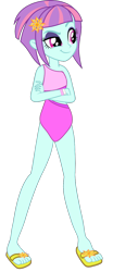 Size: 568x1360 | Tagged: safe, artist:ajosterio, derpibooru import, sunny flare, equestria girls, bare shoulders, clothes, feet, female, hairpin, legs, raised eyebrow, sandals, sexy, simple background, sleeveless, smiling, solo, swimsuit, transparent background