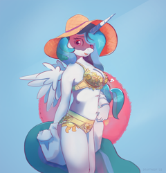 Size: 1300x1355 | Tagged: safe, artist:drafthoof, derpibooru import, princess celestia, alicorn, anthro, beach, belly button, bikini, breasts, cleavage, clothes, female, hat, inner tube, light blue background, looking at you, mare, open mouth, pool toy, shirt, side view, simple background, solo, sun hat, swimsuit, underwear, undressing