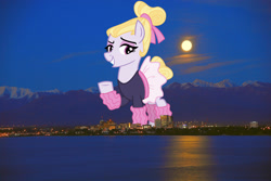 Size: 2048x1371 | Tagged: safe, artist:cheezedoodle96, derpibooru import, edit, hoofer steps, earth pony, pony, alaska, anchorage, clothes, female, giant pony, giant/macro earth pony, giantess, grin, highrise ponies, irl, leg warmers, leotard, lidded eyes, looking at you, macro, mare, mega giant, photo, ponies in real life, raised eyebrow, skirt, smiling, solo, tutu