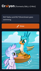 Size: 780x1336 | Tagged: safe, derpibooru import, machine learning generated, gallus, silverstream, griffon, seapony (g4), boat, cloud, craiyon, dall·e mini, duo, female, gallstream, machine learning abomination, male, shipping, sky, straight, swimming, wat, water