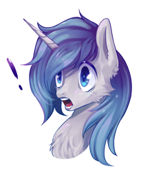 Size: 2675x3265 | Tagged: safe, artist:rvsbhrt, derpibooru import, oc, oc only, oc:sky, unicorn, blue eyes, cheek fluff, chest fluff, shocked, simple background, white background