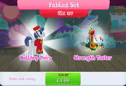 Size: 1264x858 | Tagged: safe, derpibooru import, welcome inn, earth pony, pony, balloon, bellhop, bellhop pony, bundle, bush, clothes, costs real money, english, gameloft, hat, male, numbers, official, sale, solo, solo focus, stallion, text