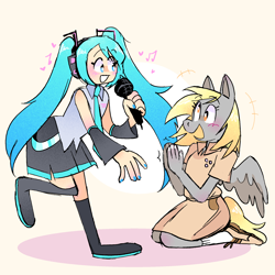 Size: 2000x2000 | Tagged: safe, artist:stevetwisp, derpibooru import, derpy hooves, anthro, human, pegasus, plantigrade anthro, anime, blushing, boots, clapping, clothes, cute, derpabetes, dress, happy, hatsune miku, headphones, microphone, nail polish, necktie, pigtails, shoes, singing, skirt, smiling, socks, twintails, vocaloid