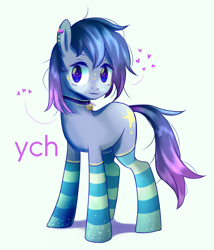 Size: 4482x5232 | Tagged: safe, artist:rvsbhrt, derpibooru import, oc, oc only, bell, bell collar, clothes, collar, heart, simple background, socks, solo, striped socks, ych example, your character here