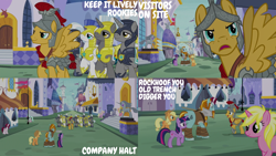 Size: 4400x2475 | Tagged: safe, derpibooru import, edit, edited screencap, editor:quoterific, screencap, applejack, flash magnus, rockhoof, twilight sparkle, twilight sparkle (alicorn), alicorn, a rockhoof and a hard place, rockhoof's shovel, royal guard, shovel