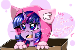 Size: 3035x1990 | Tagged: safe, artist:pozya1007, derpibooru import, twilight sparkle, twilight sparkle (alicorn), alicorn, pony, unicorn, blushing, box, christmas, clothes, cute, holiday, neko, pony in a box, present, simple background, solo, white background