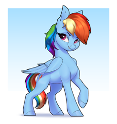 Size: 2800x2950 | Tagged: safe, artist:aquaticvibes, derpibooru import, rainbow dash, pegasus, pony, colored hooves, female, folded wings, gradient background, looking at you, mare, raised hoof, raised leg, smiling, smirk, solo, wings