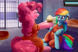 Size: 4096x2731 | Tagged: safe, artist:applephil, derpibooru import, pinkie pie, rainbow dash, pony, clothes, commission, commissioner:rainbowdash69, cupcake, food, jail, jail cell, jumpsuit, never doubt rainbowdash69's involvement, prison outfit, prisoner pp, prisoner rd