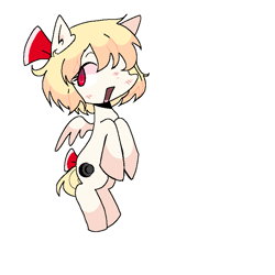 Size: 768x768 | Tagged: safe, artist:katotako, derpibooru exclusive, derpibooru import, pegasus, pony, bow, female, filly, flying, foal, hair bow, headdress, ponified, red eyes, rumia, simple background, solo, touhou, white background, yellow hair