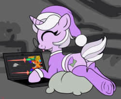 Size: 4400x3600 | Tagged: safe, artist:littlenaughtypony, derpibooru import, oc, oc only, oc:cushy dreams, pony, unicorn, :p, animated, butt, clothes, computer, cute, dock, frog (hoof), game, gif, glasses, hat, laptop computer, ocbetes, playing, plot, shaking hoof, smiling, socks, tail, tongue, tongue out, underhoof, wiggling