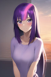 Size: 512x768 | Tagged: safe, derpibooru import, editor:ryanmay20, machine learning generated, twilight sparkle, human, blushing, clothes, female, human female, humanized, shirt, solo, t-shirt