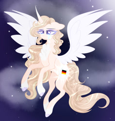 Size: 1024x1079 | Tagged: safe, artist:existencecosmos188, derpibooru import, oc, oc only, alicorn, pony, alicorn oc, chest fluff, female, flying, horn, mare, night, solo, stars, wings